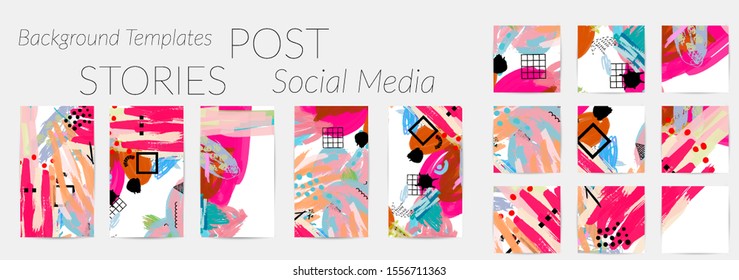Creative backgrounds for social media. Editable story templates. Bright colored with hand drawn scribbles promotional backgrounds for social media apps.