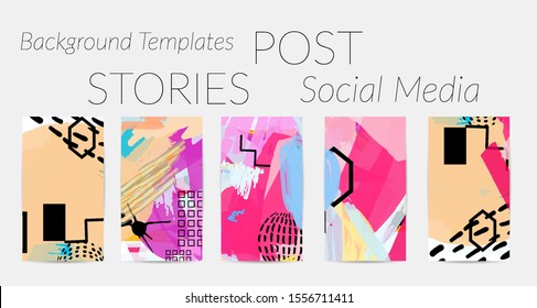 Creative backgrounds for social media. Editable story templates. Bright colored with hand drawn scribbles promotional backgrounds for social media apps.