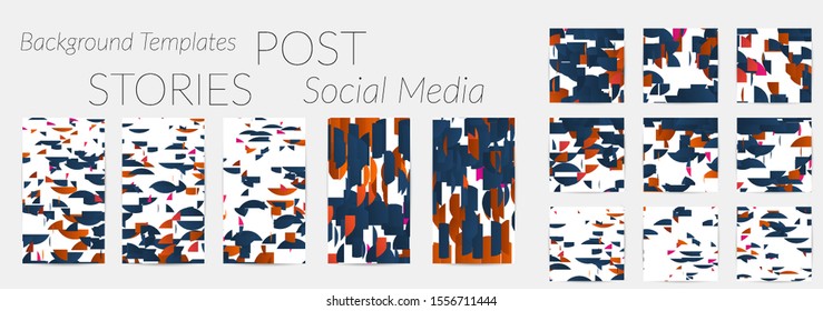 Creative backgrounds for social media. Editable story templates. Bright colored with gradient stripes or small particles promotional backgrounds for social media apps. Glitch effect.
