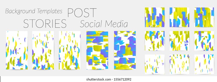 Creative backgrounds for social media. Editable story templates. Bright colored with gradient stripes or small particles promotional backgrounds for social media apps. Glitch effect.
