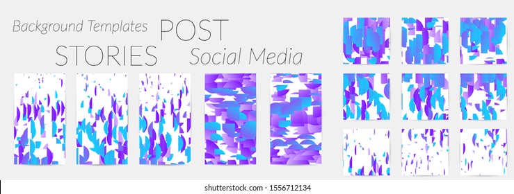 Creative backgrounds for social media. Editable story templates. Bright colored with gradient stripes or small particles promotional backgrounds for social media apps. Glitch effect.