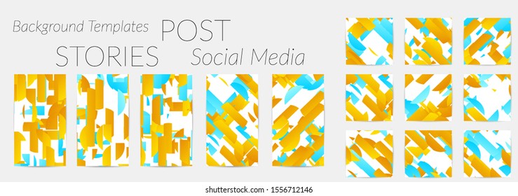 Creative backgrounds for social media. Editable story templates. Bright colored with gradient stripes or small particles promotional backgrounds for social media apps. Glitch effect.