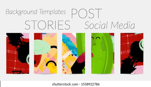 Creative backgrounds for social media. Editable story templates. Bright colored with hand drawn scribbles promotional backgrounds for social media apps.
