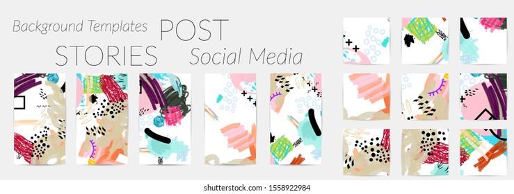 Creative backgrounds for social media. Editable story templates. Bright colored with hand drawn scribbles promotional backgrounds for social media apps.