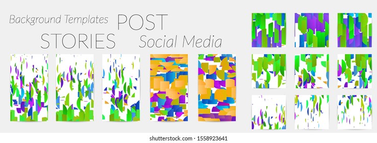 Creative backgrounds for social media. Editable story templates. Bright colored with gradient stripes or small particles promotional backgrounds for social media apps. Glitch effect.