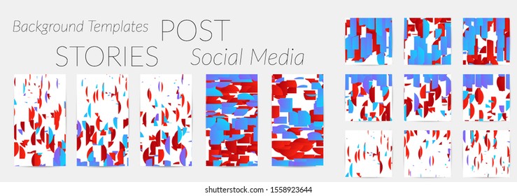 Creative backgrounds for social media. Editable story templates. Bright colored with gradient stripes or small particles promotional backgrounds for social media apps. Glitch effect.