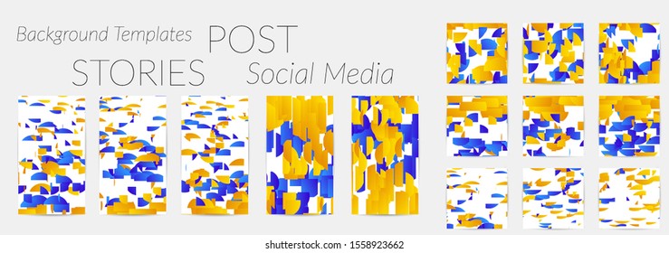 Creative backgrounds for social media. Editable story templates. Bright colored with gradient stripes or small particles promotional backgrounds for social media apps. Glitch effect.