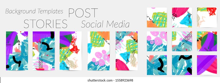 Creative backgrounds for social media. Editable story templates. Bright colored with hand drawn scribbles promotional backgrounds for social media apps.