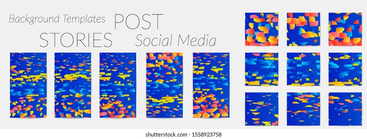 Creative backgrounds for social media. Editable story templates. Bright colored with gradient stripes or small particles promotional backgrounds for social media apps. Glitch effect.