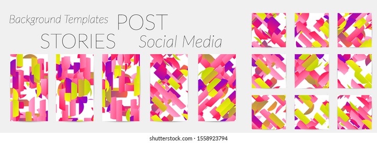Creative backgrounds for social media. Editable story templates. Bright colored with gradient stripes or small particles promotional backgrounds for social media apps. Glitch effect.