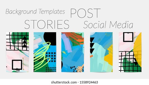 Creative backgrounds for social media. Editable story templates. Bright colored with hand drawn scribbles promotional backgrounds for social media apps.