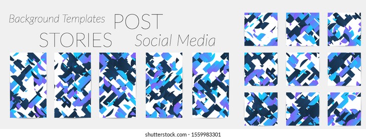 Creative backgrounds for social media. Editable story templates. Bright colored with gradient stripes or small particles promotional backgrounds for social media apps. Glitch effect.