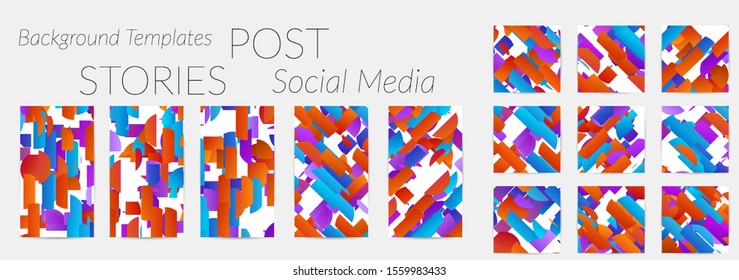 Creative backgrounds for social media. Editable story templates. Bright colored with gradient stripes or small particles promotional backgrounds for social media apps. Glitch effect.