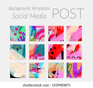 Creative backgrounds for social media. Editable story templates. Bright colored with hand drawn scribbles promotional backgrounds for social media apps.