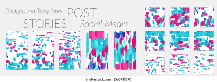 Creative backgrounds for social media. Editable story templates. Bright colored with gradient stripes or small particles promotional backgrounds for social media apps. Glitch effect.