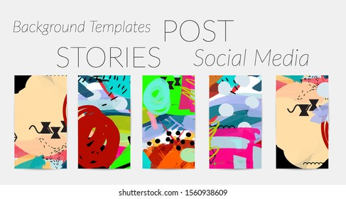 Creative backgrounds for social media. Editable story templates. Bright colored with hand drawn scribbles promotional backgrounds for social media apps.