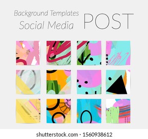 Creative backgrounds for social media. Editable story templates. Bright colored with hand drawn scribbles promotional backgrounds for social media apps.