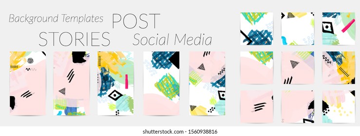 Creative backgrounds for social media. Editable story templates. Bright colored with hand drawn scribbles promotional backgrounds for social media apps.