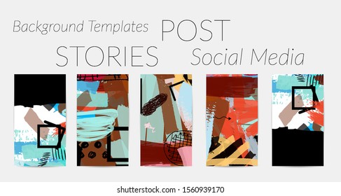 Creative backgrounds for social media. Editable story templates. Bright colored with hand drawn scribbles promotional backgrounds for social media apps.