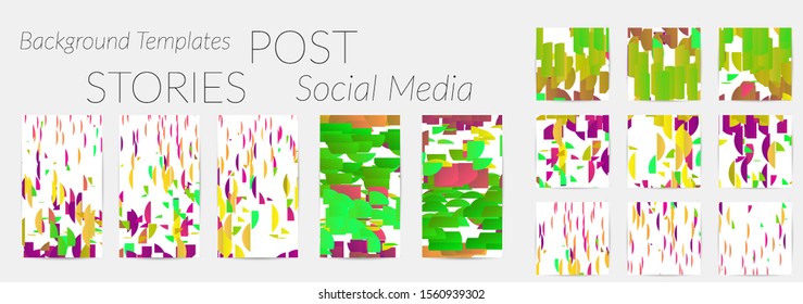Creative backgrounds for social media. Editable story templates. Bright colored with gradient stripes or small particles promotional backgrounds for social media apps. Glitch effect.