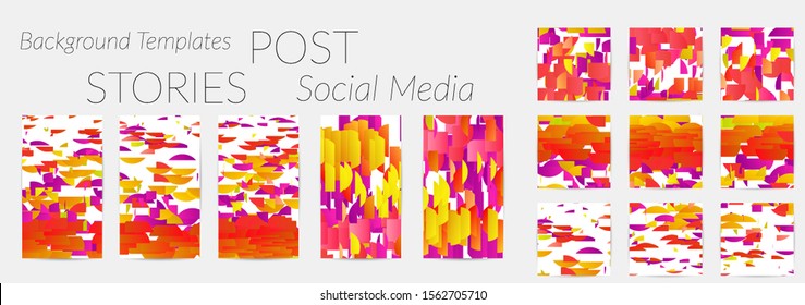 Creative backgrounds for social media. Editable story templates. Bright colored with gradient stripes or small particles promotional backgrounds for social media apps. Glitch effect.