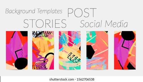 Creative backgrounds for social media. Editable story templates. Bright colored with hand drawn scribbles promotional backgrounds for social media apps.