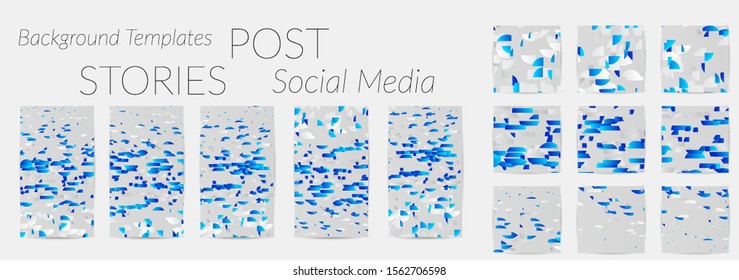 Creative backgrounds for social media. Editable story templates. Bright colored with gradient stripes or small particles promotional backgrounds for social media apps. Glitch effect.
