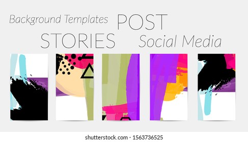 Creative backgrounds for social media. Editable story templates. Bright colored with hand drawn scribbles promotional backgrounds for social media apps.