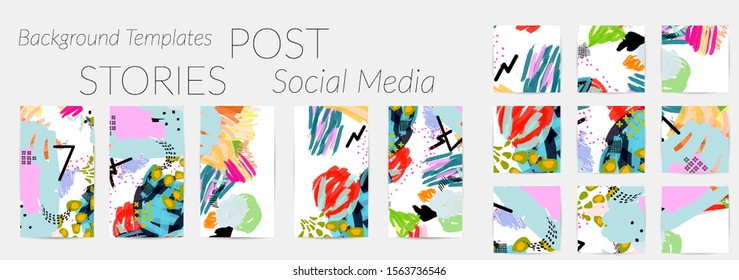 Creative backgrounds for social media. Editable story templates. Bright colored with hand drawn scribbles promotional backgrounds for social media apps.