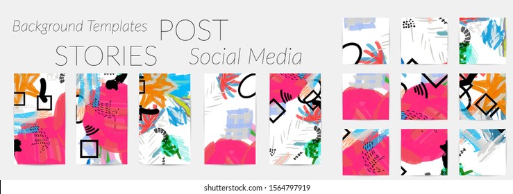 Creative backgrounds for social media. Editable story templates. Bright colored with hand drawn scribbles promotional backgrounds for social media apps.