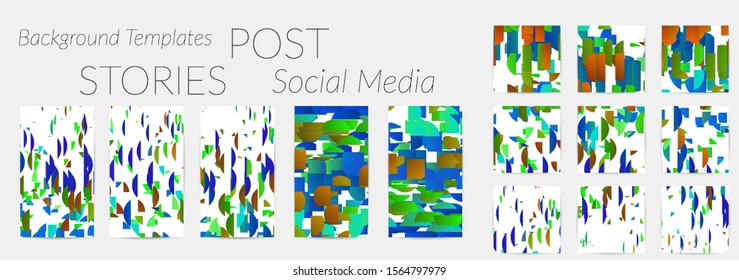 Creative backgrounds for social media. Editable story templates. Bright colored with gradient stripes or small particles promotional backgrounds for social media apps. Glitch effect.
