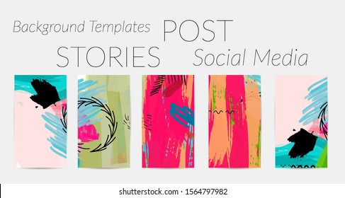 Creative backgrounds for social media. Editable story templates. Bright colored with hand drawn scribbles promotional backgrounds for social media apps.