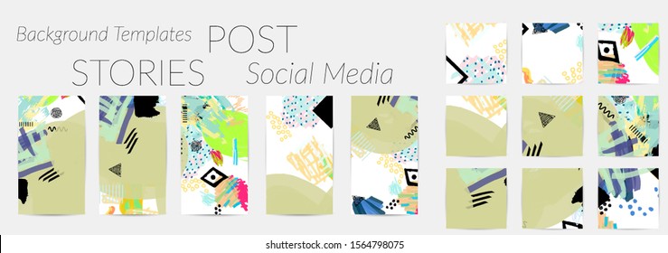 Creative backgrounds for social media. Editable story templates. Bright colored with hand drawn scribbles promotional backgrounds for social media apps.