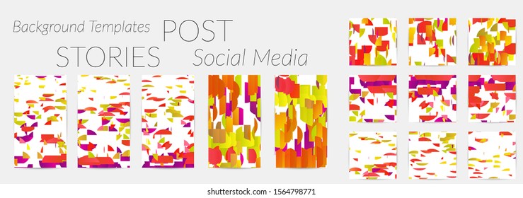 Creative backgrounds for social media. Editable story templates. Bright colored with gradient stripes or small particles promotional backgrounds for social media apps. Glitch effect.