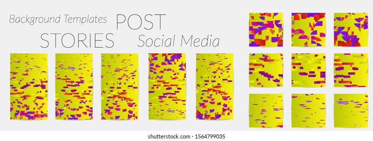 Creative backgrounds for social media. Editable story templates. Bright colored with gradient stripes or small particles promotional backgrounds for social media apps. Glitch effect.