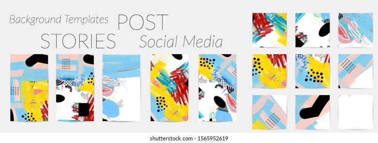 Creative backgrounds for social media. Editable story templates. Bright colored with hand drawn scribbles promotional backgrounds for social media apps.