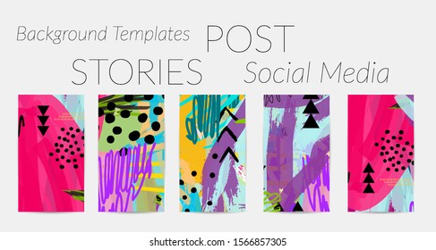 Creative backgrounds for social media. Editable story templates. Bright colored with hand drawn scribbles promotional backgrounds for social media apps.