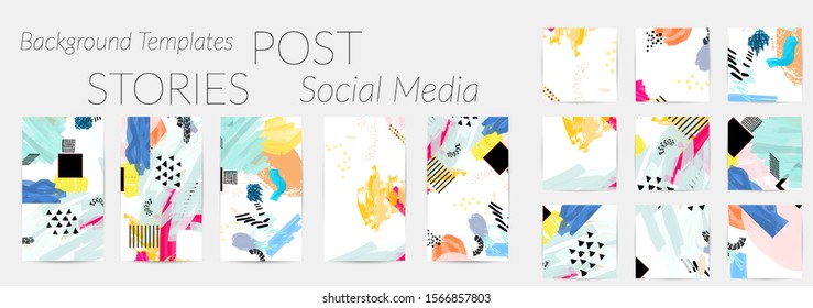 Creative backgrounds for social media. Editable story templates. Bright colored with hand drawn scribbles promotional backgrounds for social media apps.