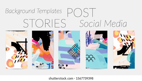 Creative backgrounds for social media. Editable story templates. Bright colored with hand drawn scribbles promotional backgrounds for social media apps.