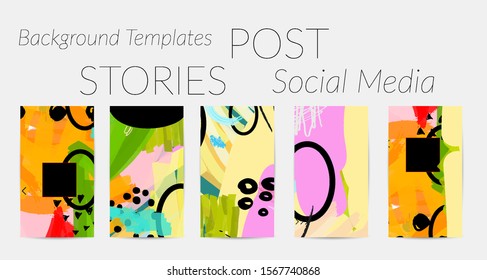 Creative backgrounds for social media. Editable story templates. Bright colored with hand drawn scribbles promotional backgrounds for social media apps.