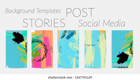 Creative backgrounds for social media. Editable story templates. Bright colored with hand drawn scribbles promotional backgrounds for social media apps.