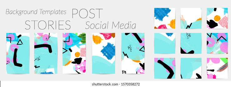Creative backgrounds for social media. Editable story templates. Bright colored with hand drawn scribbles promotional backgrounds for social media apps.