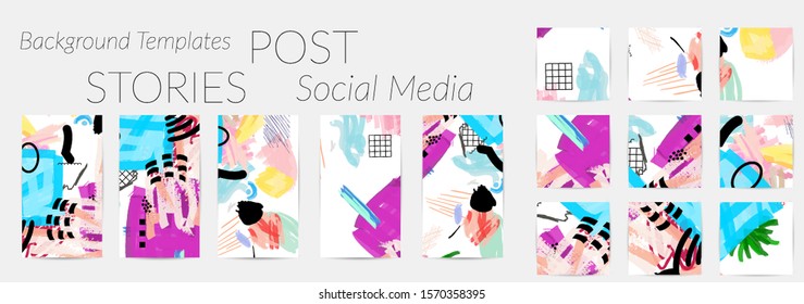 Creative backgrounds for social media. Editable story templates. Bright colored with hand drawn scribbles promotional backgrounds for social media apps.