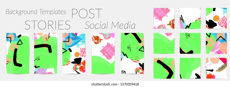 Creative backgrounds for social media. Editable story templates. Bright colored with hand drawn scribbles promotional backgrounds for social media apps.