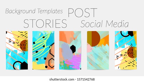 Creative backgrounds for social media. Editable story templates. Bright colored with hand drawn scribbles promotional backgrounds for social media apps.