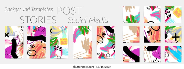 Creative backgrounds for social media. Editable story templates. Bright colored with hand drawn scribbles promotional backgrounds for social media apps.