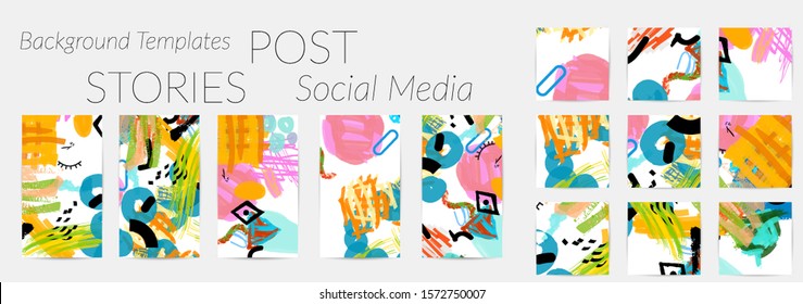 Creative backgrounds for social media. Editable story templates. Bright colored with hand drawn scribbles promotional backgrounds for social media apps.