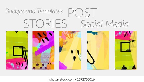 Creative backgrounds for social media. Editable story templates. Bright colored with hand drawn scribbles promotional backgrounds for social media apps.
