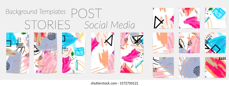 Creative backgrounds for social media. Editable story templates. Bright colored with hand drawn scribbles promotional backgrounds for social media apps.