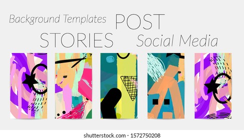 Creative backgrounds for social media. Editable story templates. Bright colored with hand drawn scribbles promotional backgrounds for social media apps.